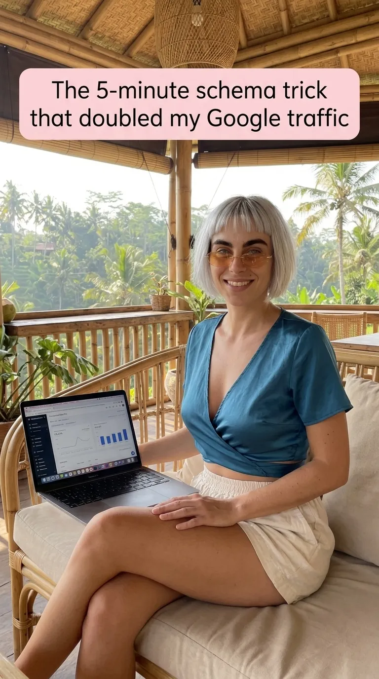 Kaia in a teal satin wrap top and cream shorts on a rattan sofa with a laptop in a jungle-view pavilion