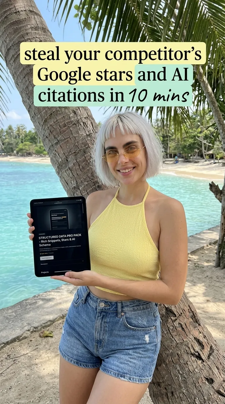 Kaia in a yellow halter top and denim shorts by a palm on a turquoise beach holding a tablet showing Structured Data Pro Pack