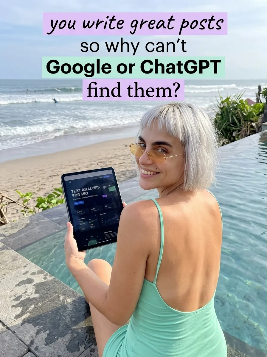 Kaia in a mint open-back top at the edge of an ocean-view pool holding a tablet showing Text Analysis for SEO