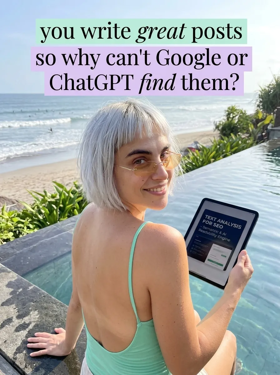 Kaia in a mint open-back top sitting at the edge of a beachfront pool holding a tablet showing Text Analysis for SEO