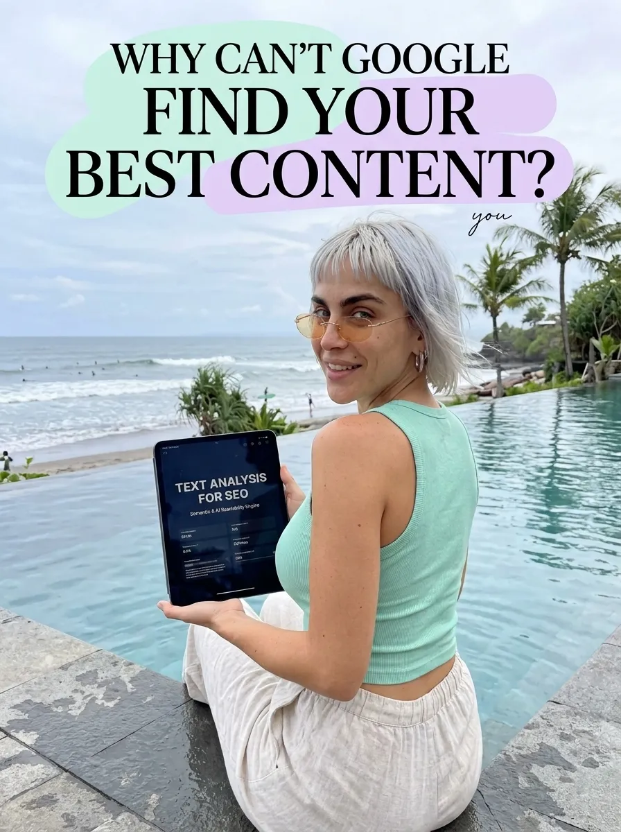 Kaia in a mint tank top and cream linen pants by an ocean-view infinity pool with a tablet showing Text Analysis for SEO