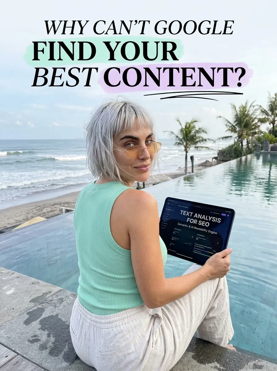 Kaia in a mint tank top looking back over her shoulder by a seaside infinity pool with a tablet showing Text Analysis for SEO