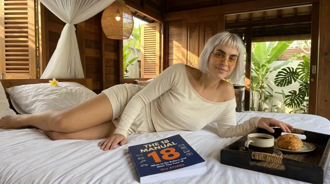 Kaia in a cream lounge set in bed beside The 18 Manual and a breakfast tray