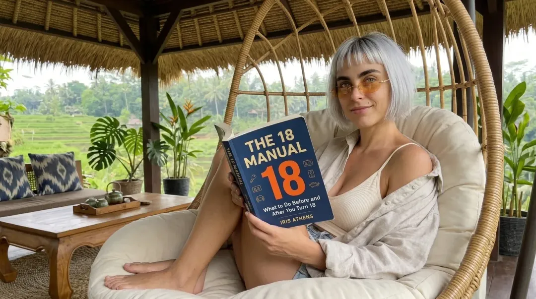 Kaia in a cream top reading The 18 Manual in a hanging rattan chair