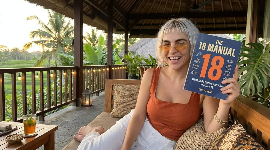 Kaia in a rust tank top laughing and holding up The 18 Manual on a sunset terrace