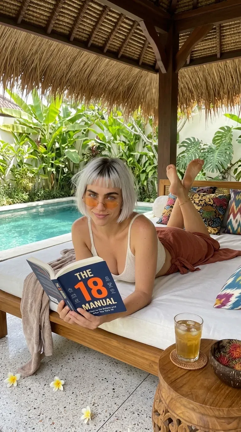 Kaia in a white cami reading The 18 Manual on a poolside daybed