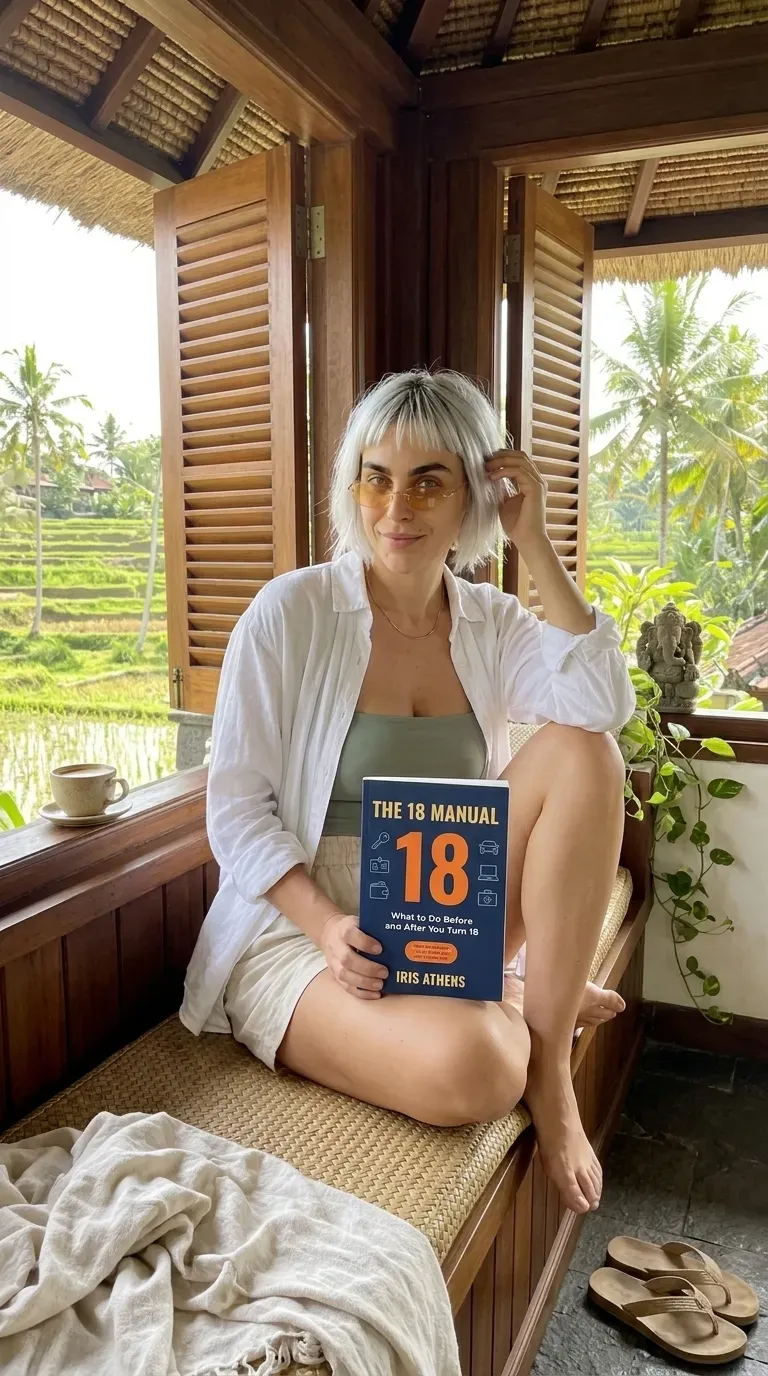 Kaia in a white shirt holding The 18 Manual on a teak window seat