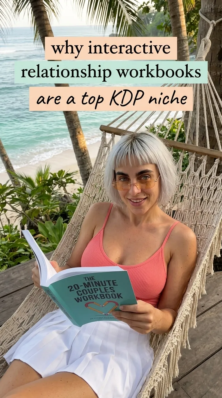 Kaia in a coral tank top in a rope hammock by the beach reading The 20-Minute Couples Workbook