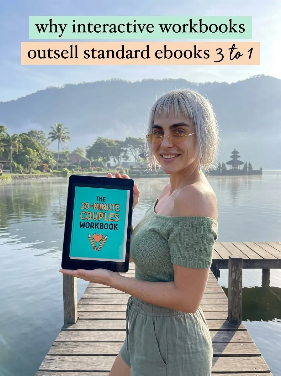 Kaia in a green off-shoulder top on a lake pier holding a tablet showing The 20-Minute Couples Workbook