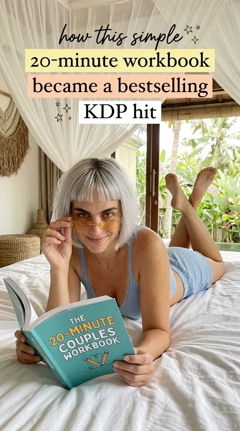 Kaia in a light blue cami lying on a white bed reading The 20-Minute Couples Workbook
