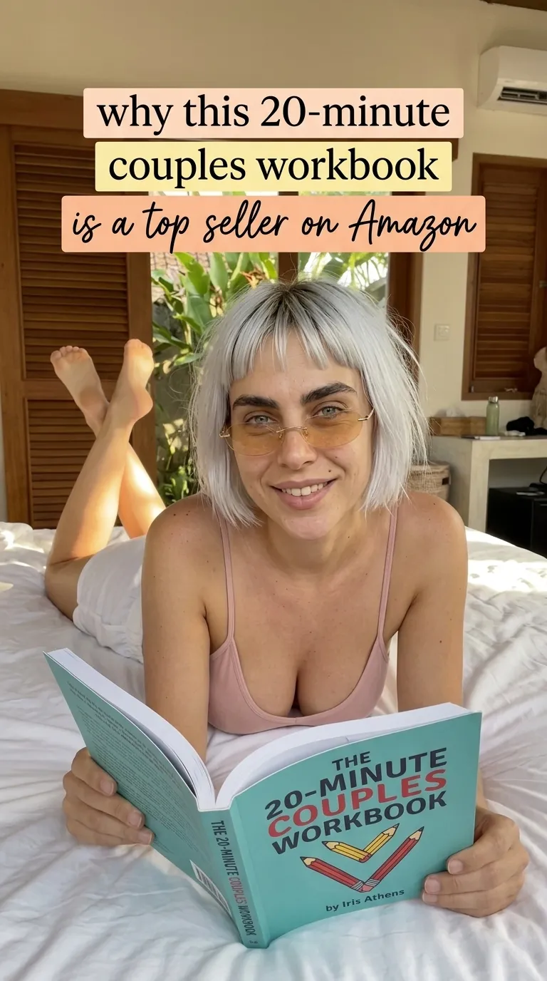 Kaia in a pink cami lying on a bed holding open The 20-Minute Couples Workbook