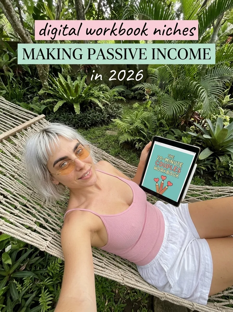 Kaia in a pink top in a hammock holding a tablet showing The 20-Minute Couples Workbook