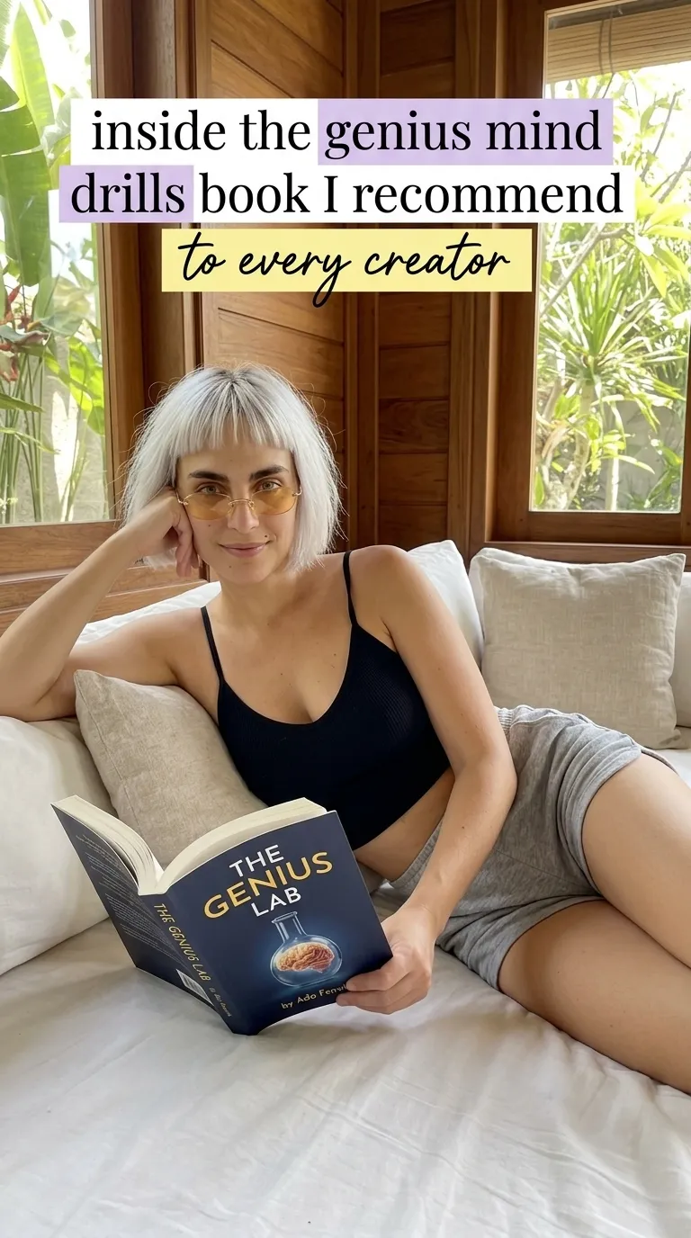 Kaia in a black tank top on a white daybed holding open The Genius Lab