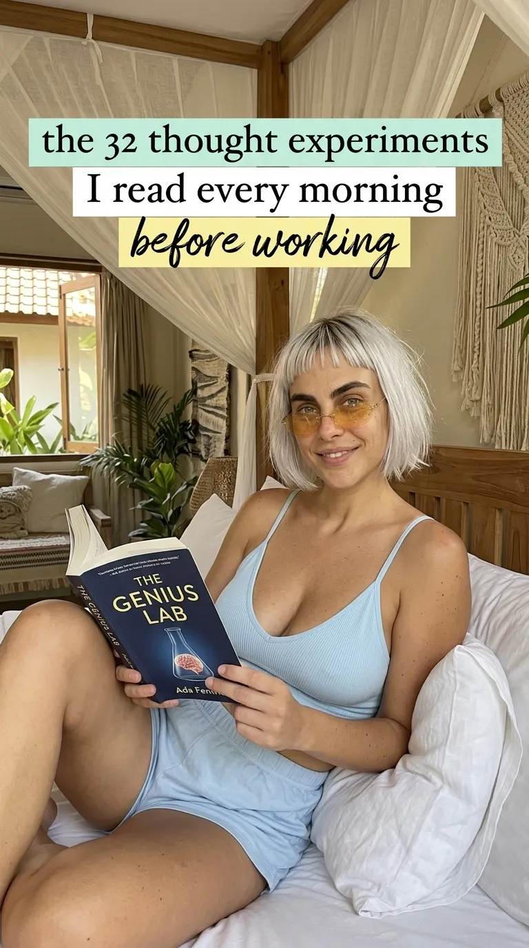Kaia in light blue loungewear on a canopy bed reading The Genius Lab