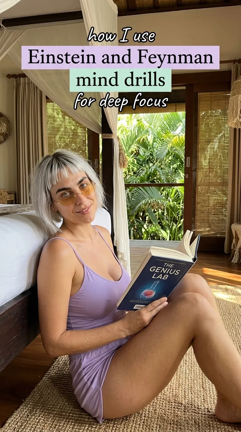 Kaia in a lilac slip dress sitting on the floor by a bed reading The Genius Lab