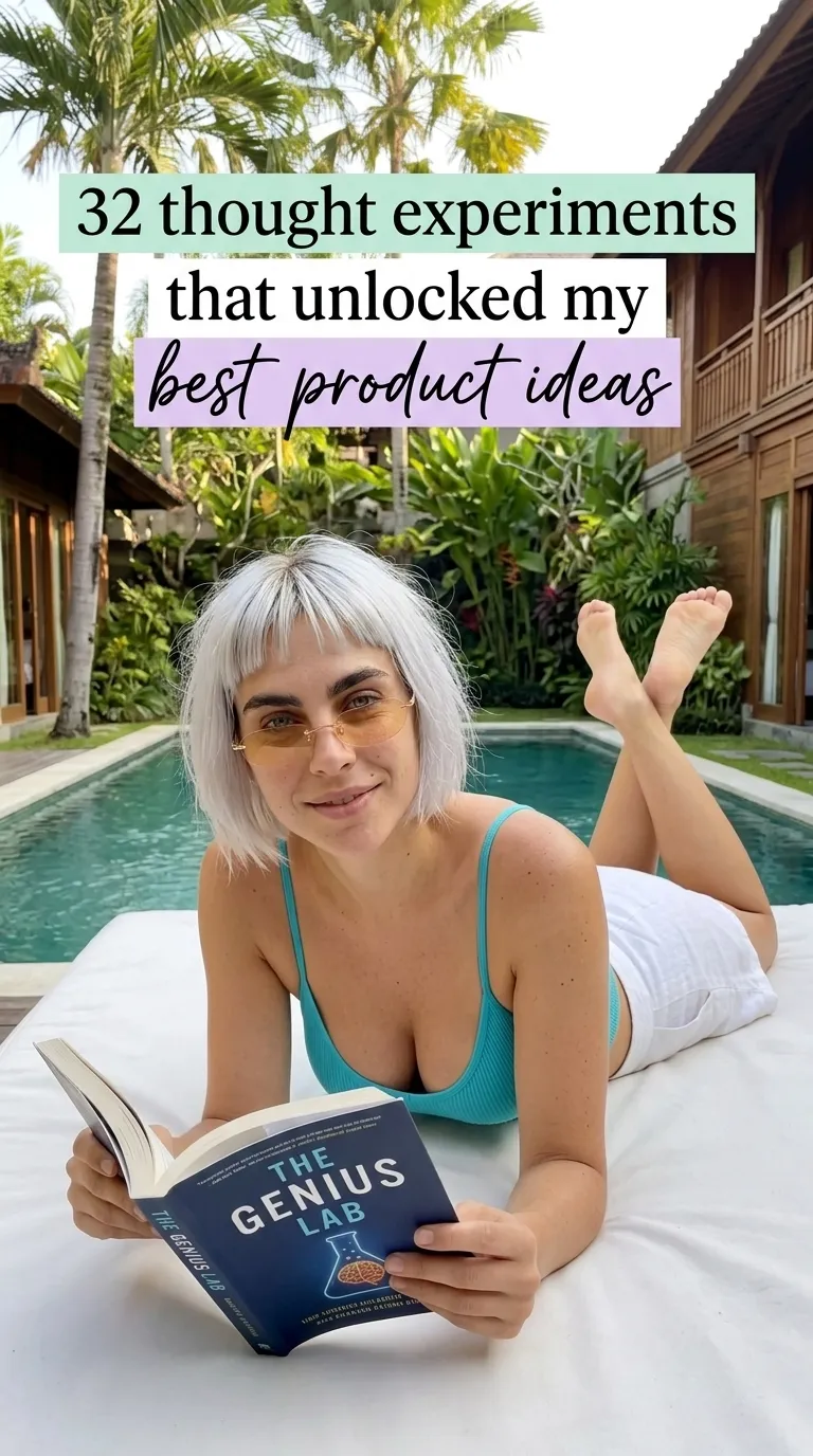 Kaia in a teal top lying on a poolside daybed reading The Genius Lab
