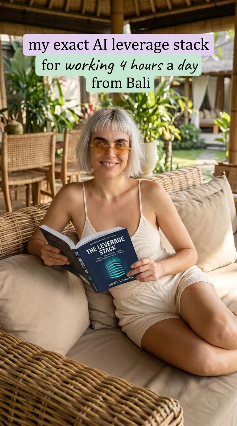 Kaia in a cream cami reading The Leverage Stack on a rattan sofa