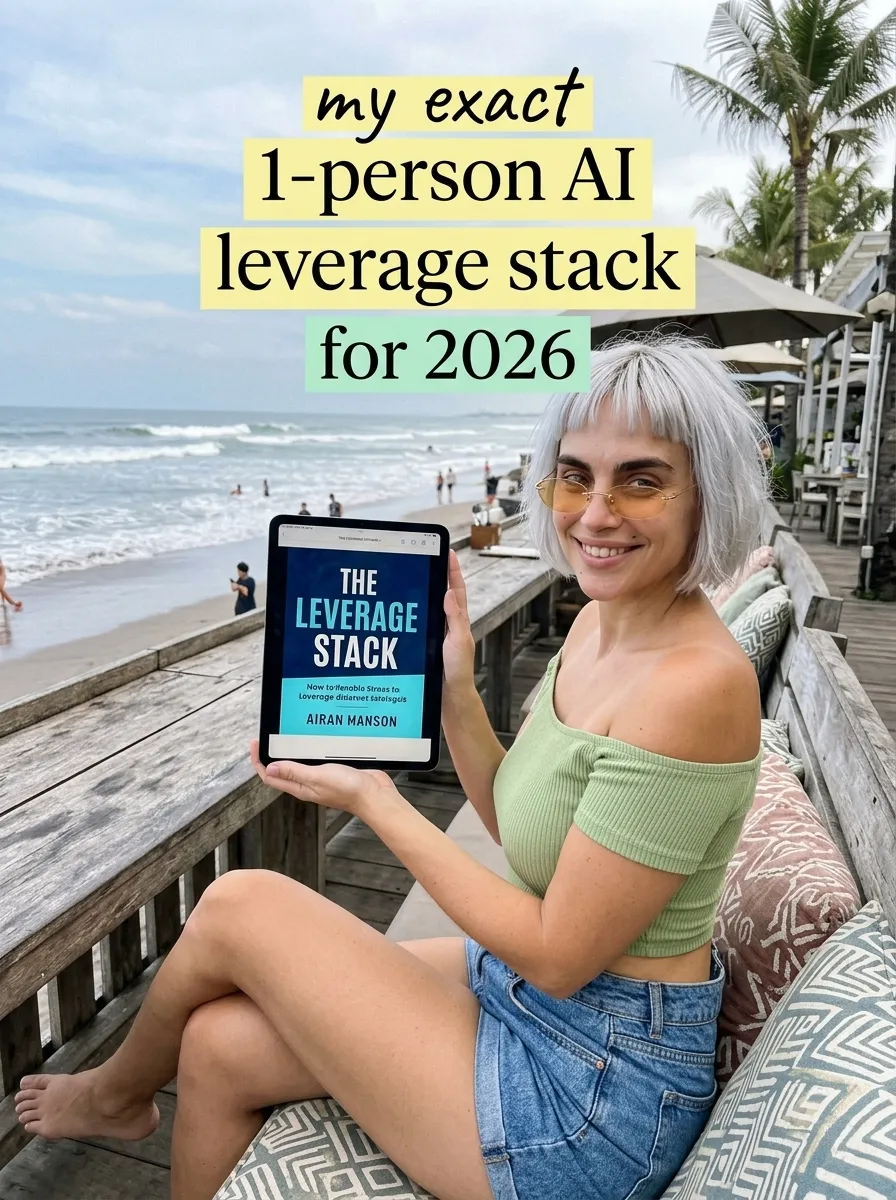 Kaia in a green off-shoulder top on a beach terrace holding a tablet showing The Leverage Stack