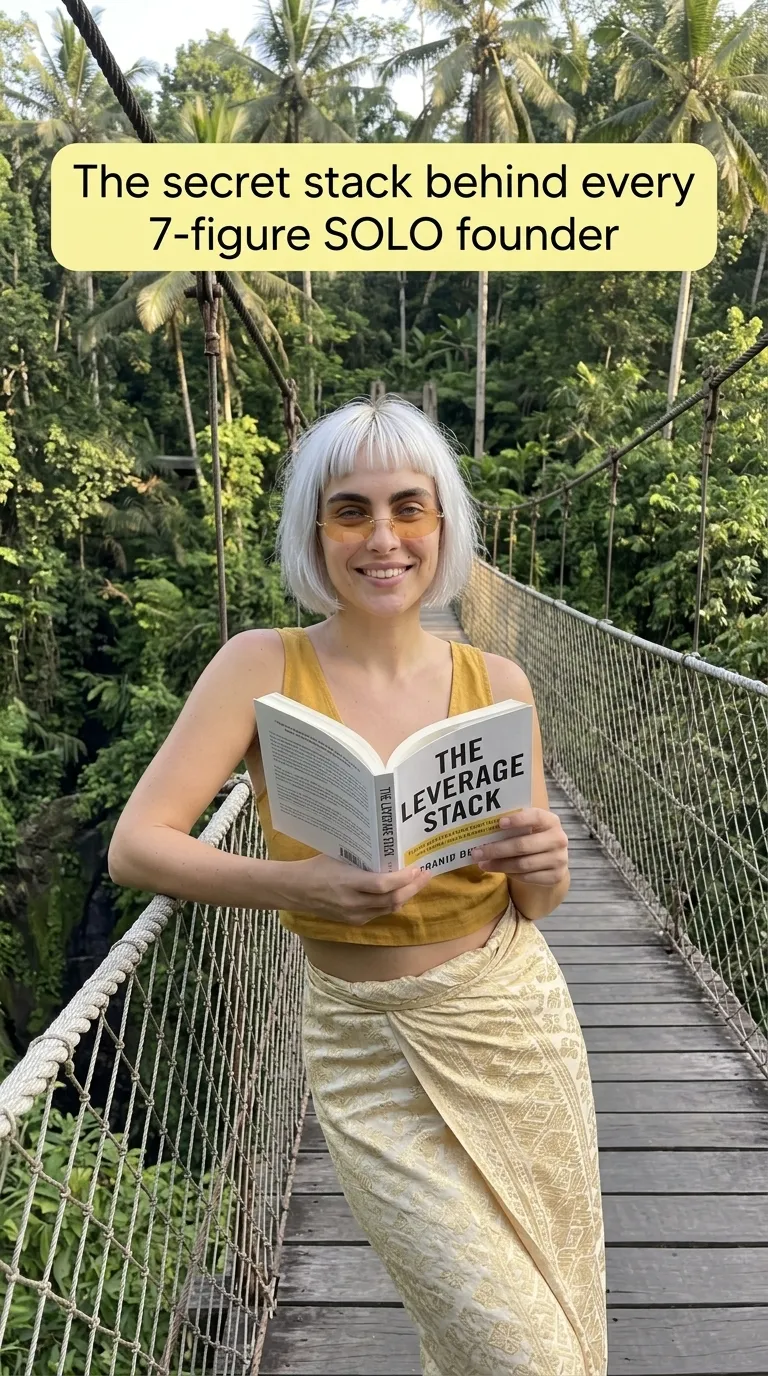 Kaia in a mustard top and skirt on a jungle rope bridge holding The Leverage Stack