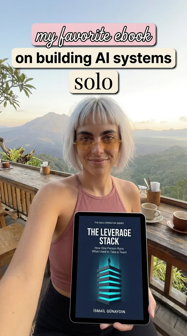 Kaia in a rose tank top at a mountain cafe taking a selfie with a tablet showing The Leverage Stack