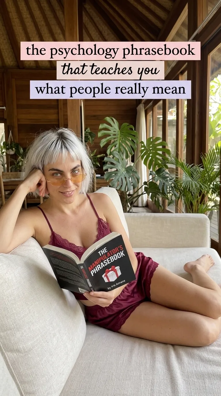 Kaia in a burgundy cami on a white sofa reading The Manipulator's Phrasebook