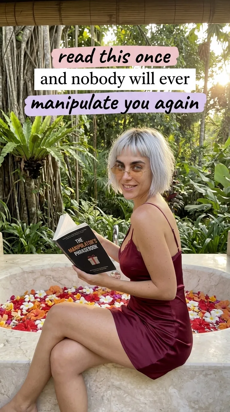 Kaia in a burgundy slip dress on the edge of a flower-filled bath reading The Manipulator's Phrasebook