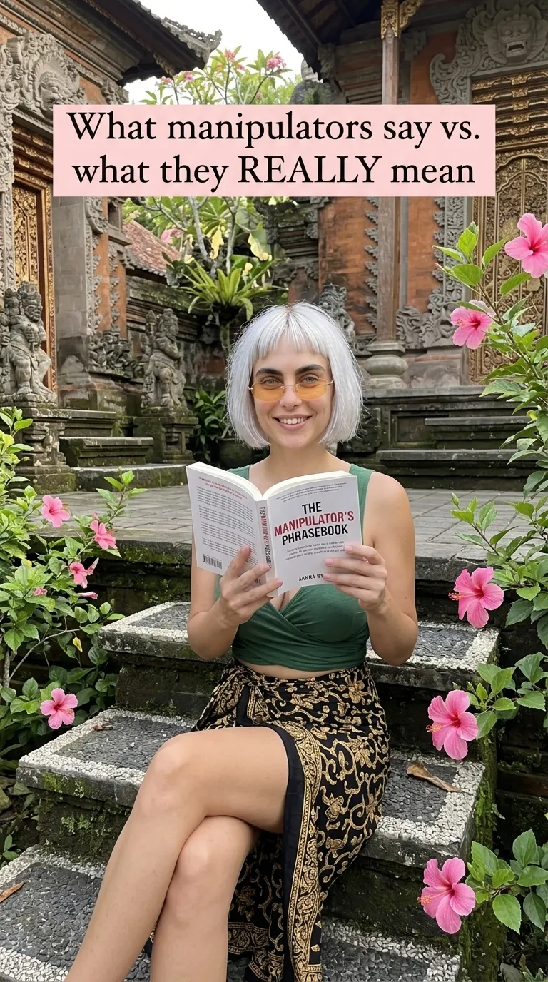 Kaia in a green top and batik skirt on temple steps reading The Manipulator's Phrasebook
