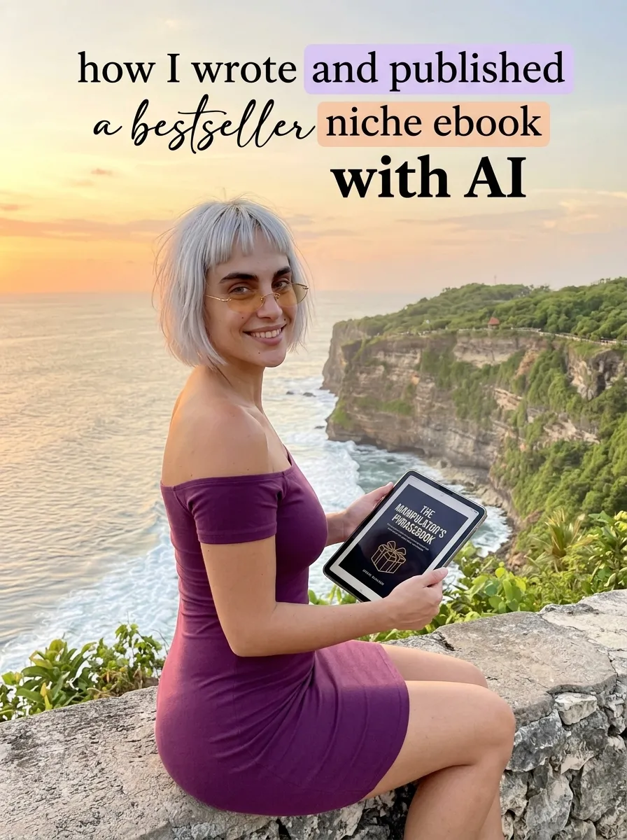 Kaia in a purple off-shoulder dress on a clifftop holding a tablet showing The Manipulator's Phrasebook