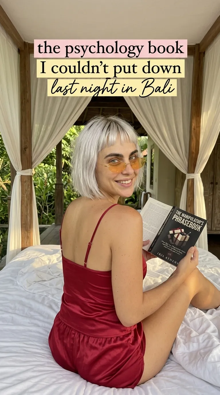 Kaia in red loungewear on a canopy bed holding The Manipulator's Phrasebook