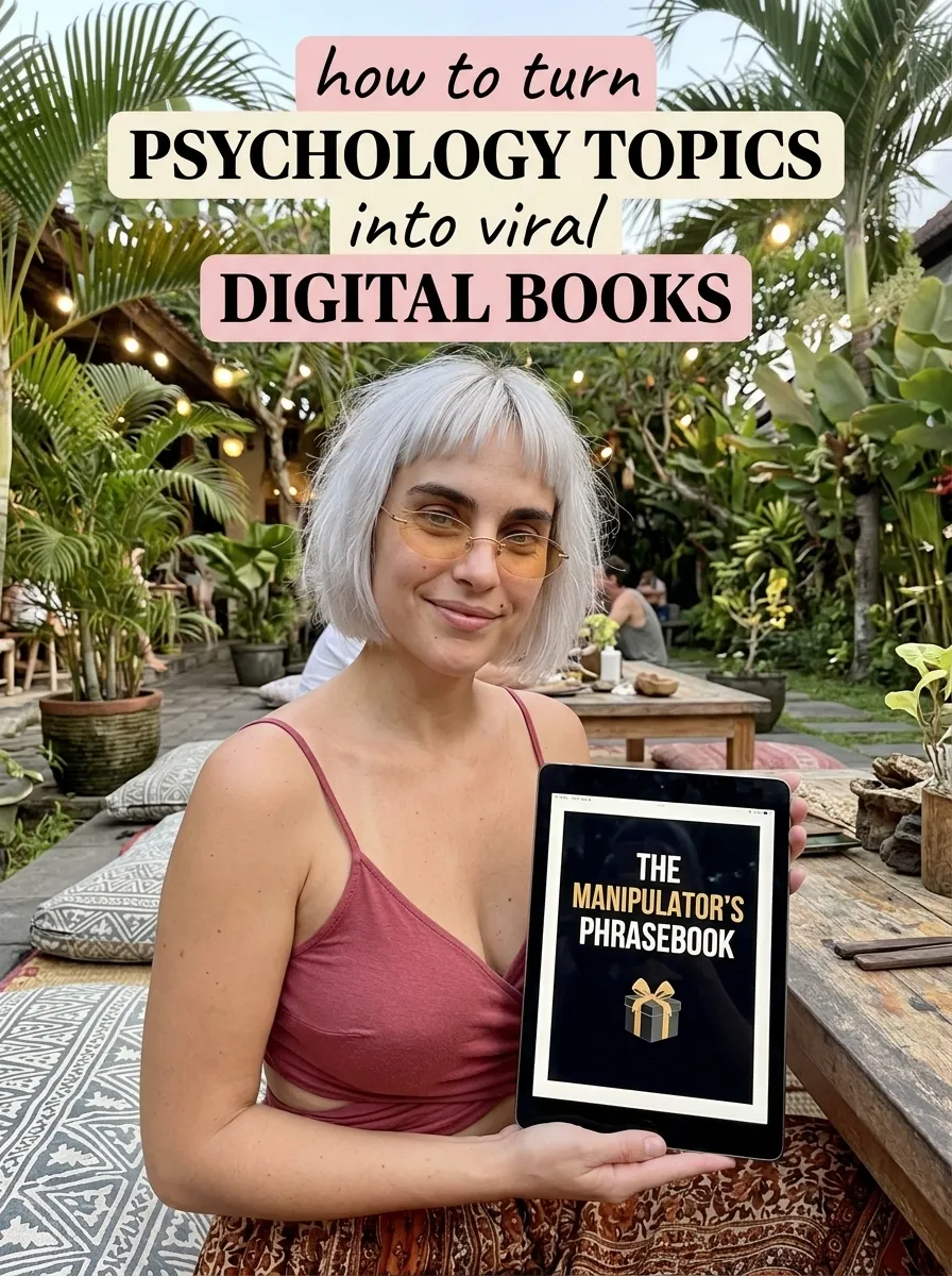 Kaia in a rose top in a garden cafe holding a tablet showing The Manipulator's Phrasebook
