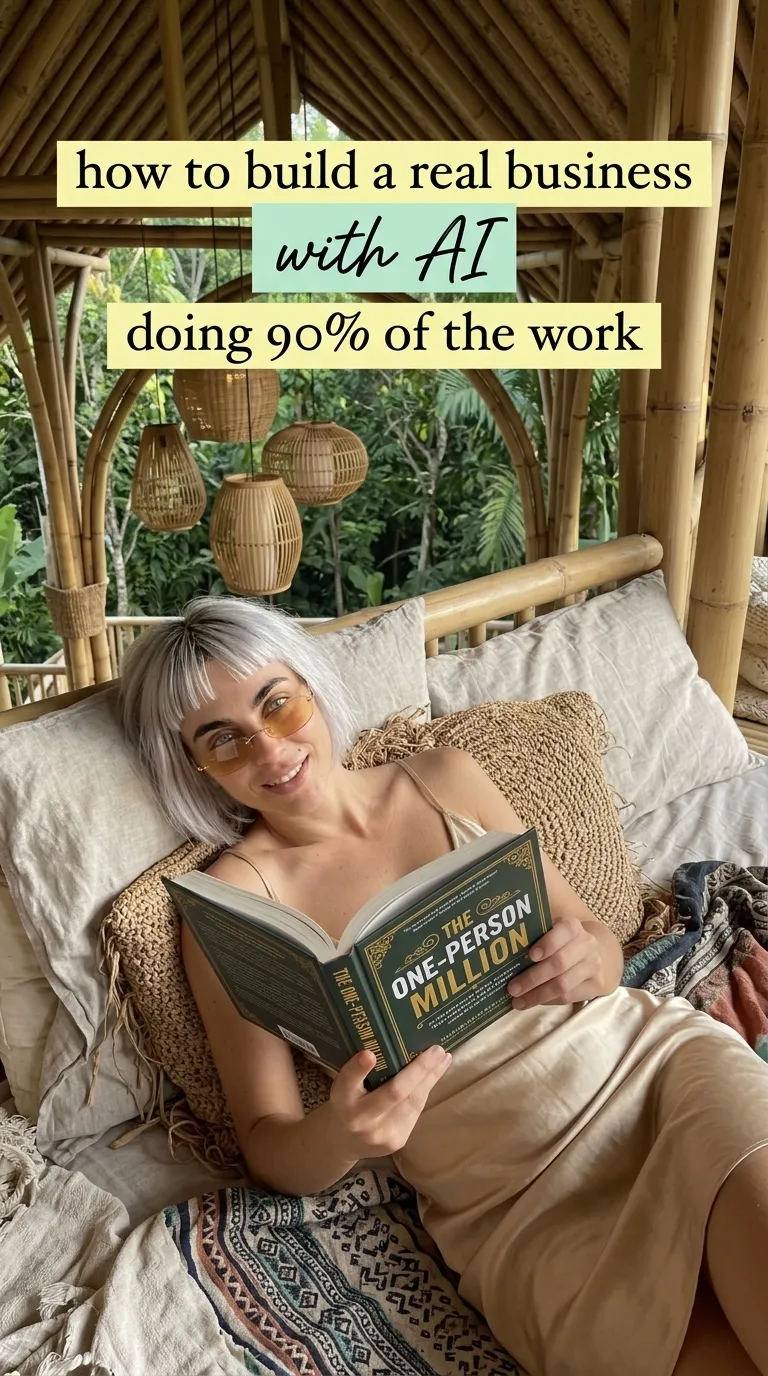 Kaia in a beige slip lounging on a daybed reading The One-Person Million
