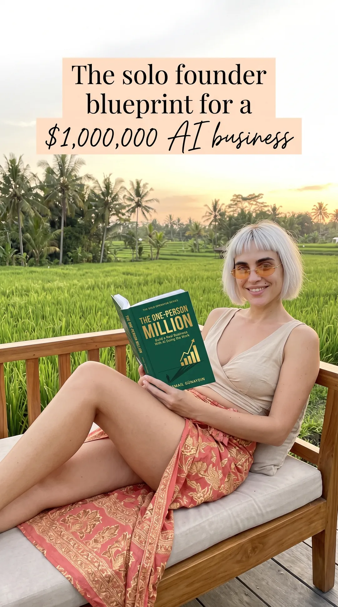 Kaia in a beige top and coral sarong on a terrace above rice fields reading The One-Person Million