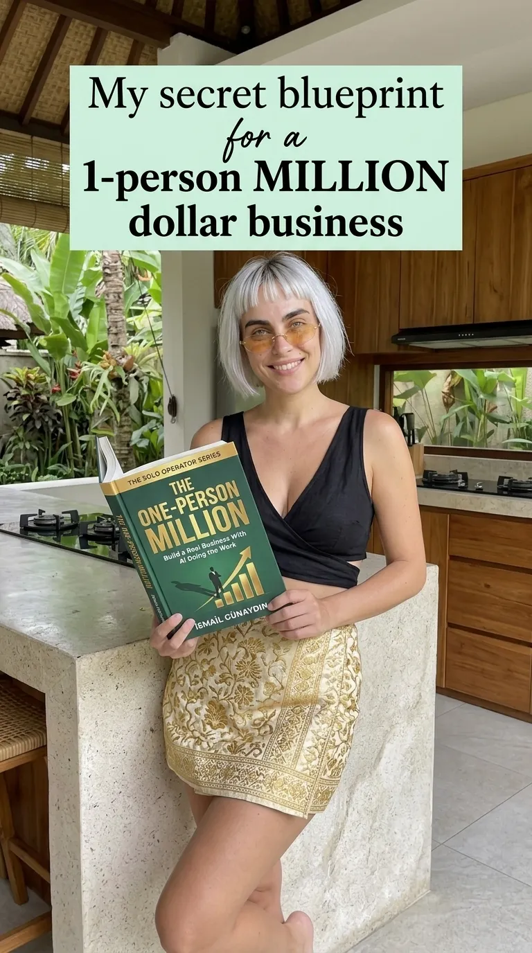 Kaia in a black top and gold skirt in a kitchen holding The One-Person Million