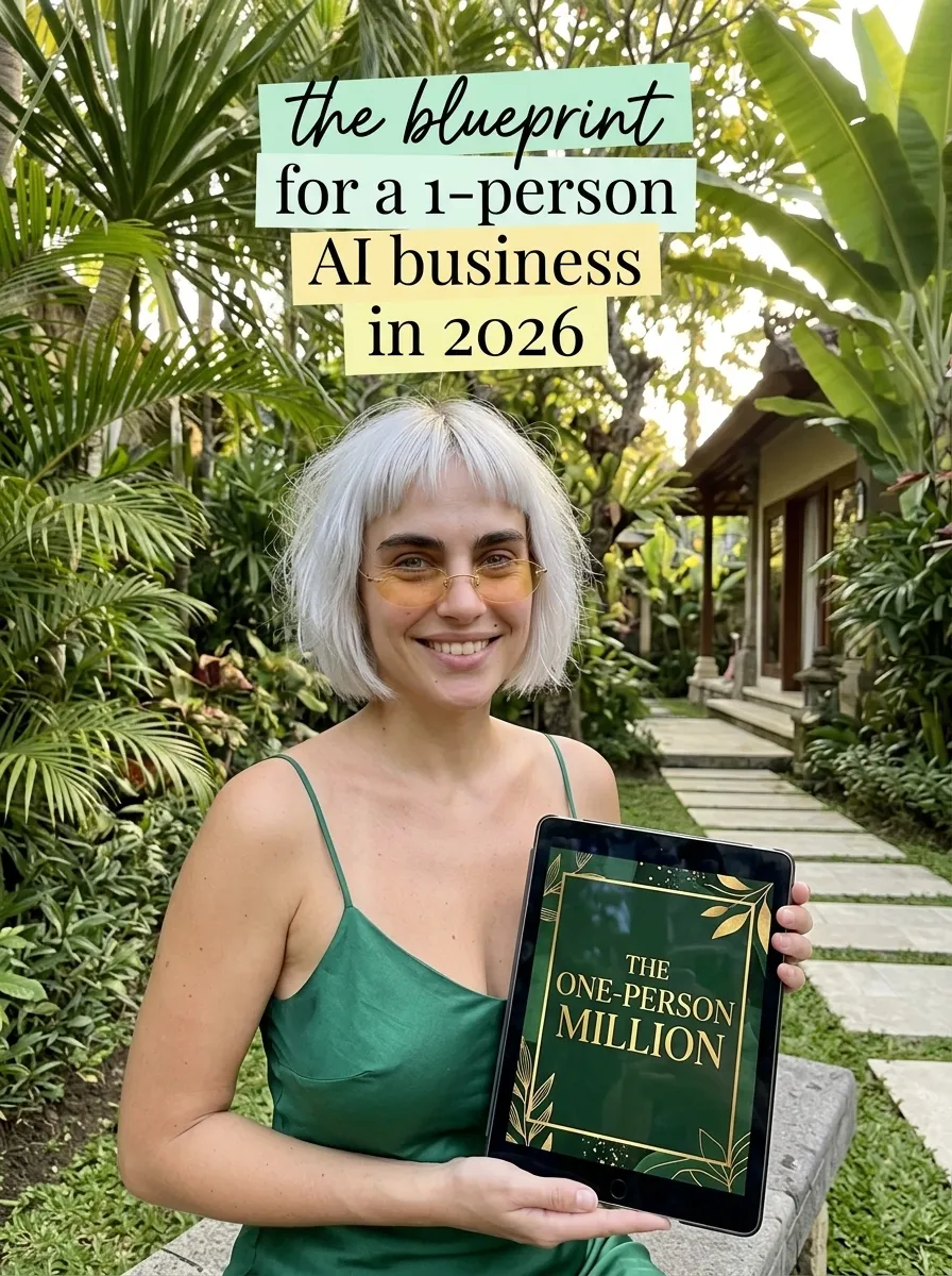 Kaia in a green cami in a tropical garden holding a tablet showing The One-Person Million
