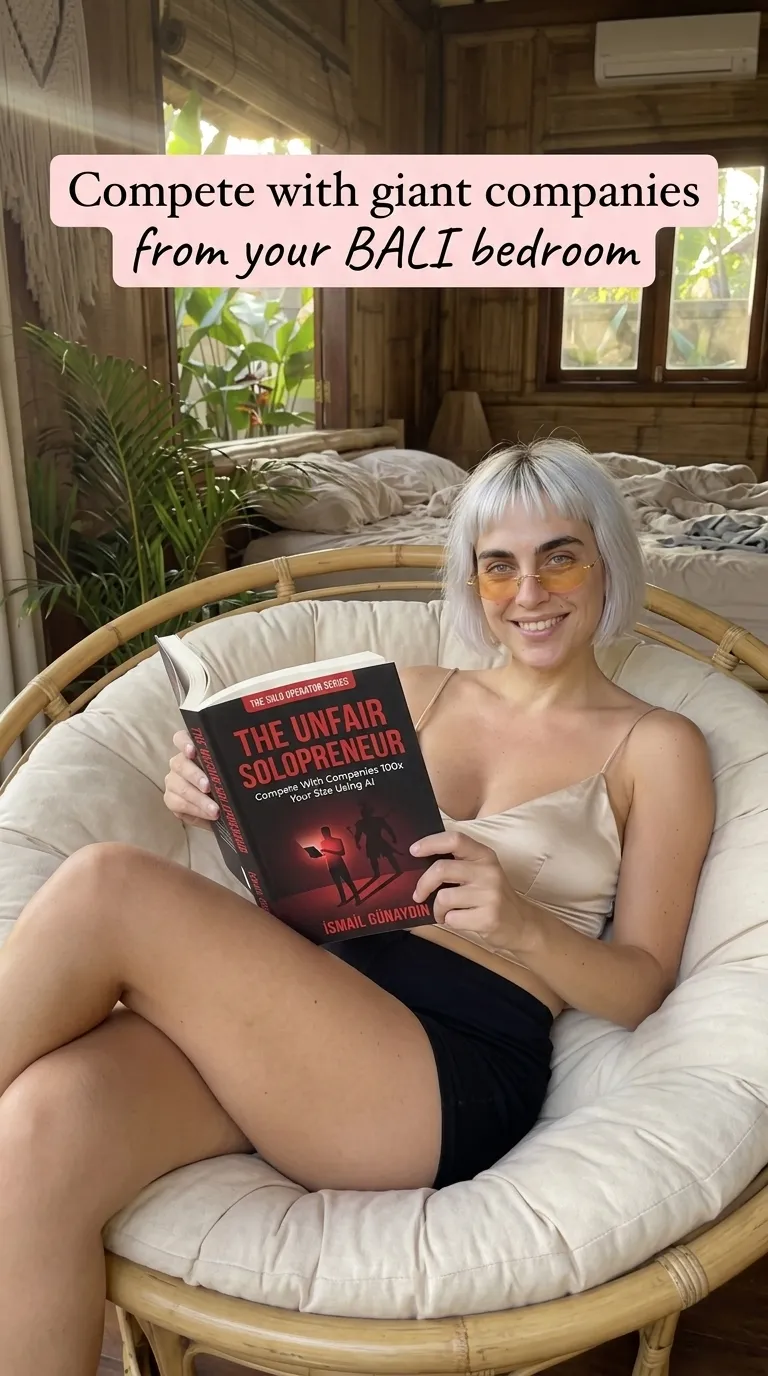 Kaia in a beige cami in a papasan chair reading The Unfair Solopreneur