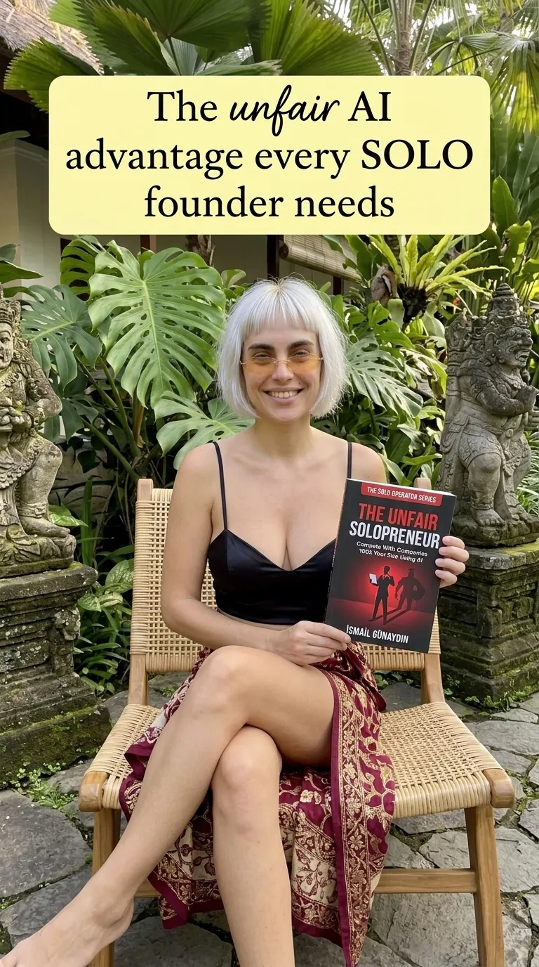 Kaia in a black cami and patterned skirt on a wicker chair holding The Unfair Solopreneur