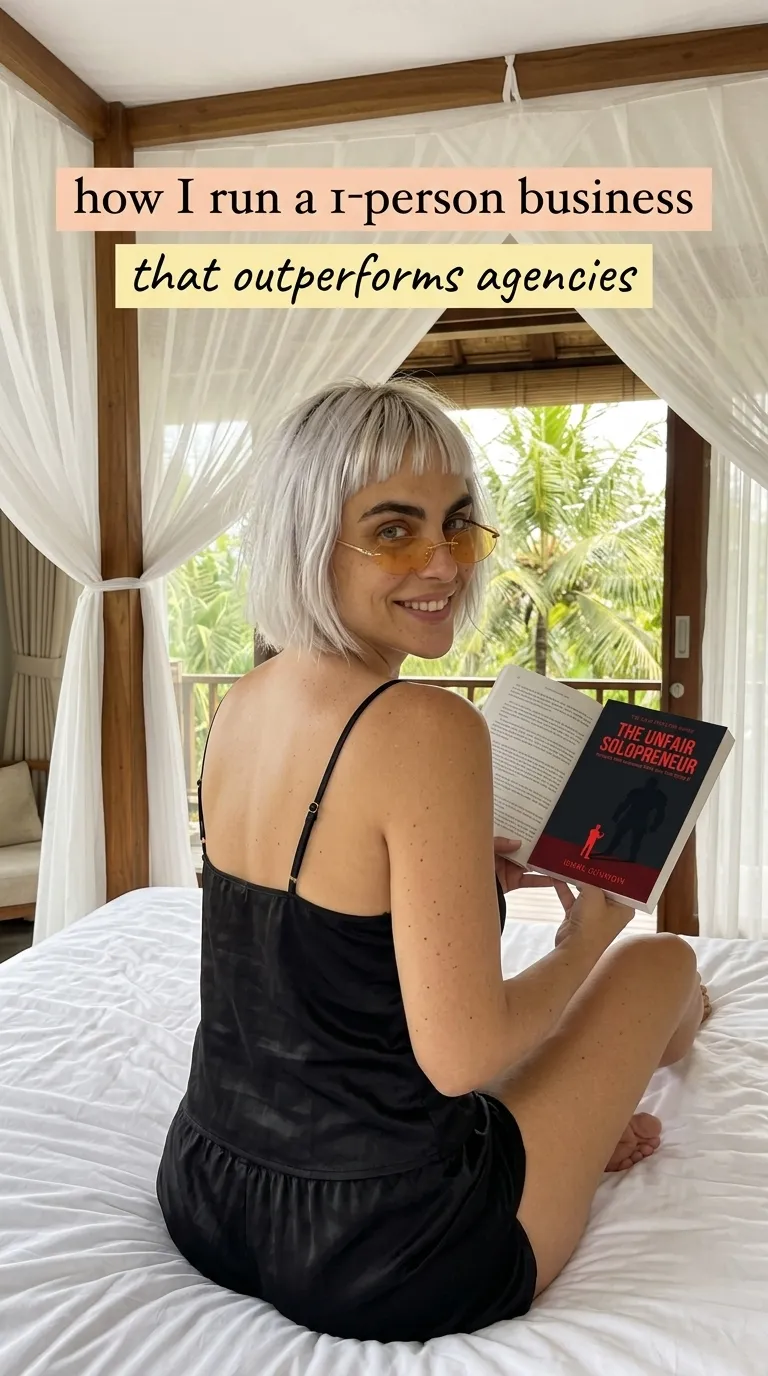 Kaia in a black slip seen from behind on a canopy bed holding The Unfair Solopreneur