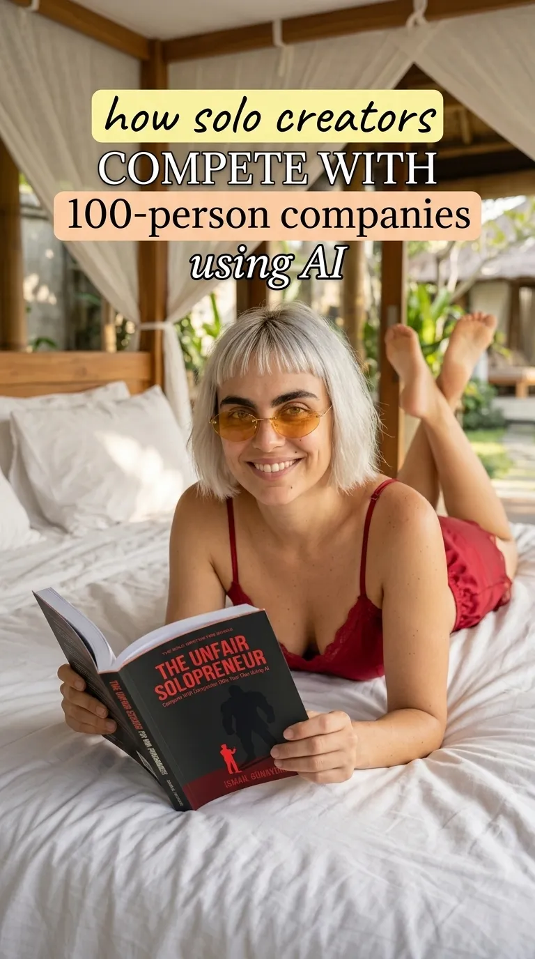 Kaia in a red cami lying on a white bed reading The Unfair Solopreneur paperback
