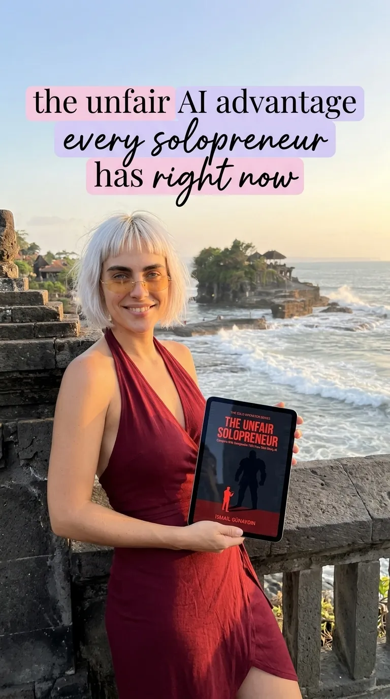 Kaia in a red halter dress at a seaside temple holding a tablet showing The Unfair Solopreneur
