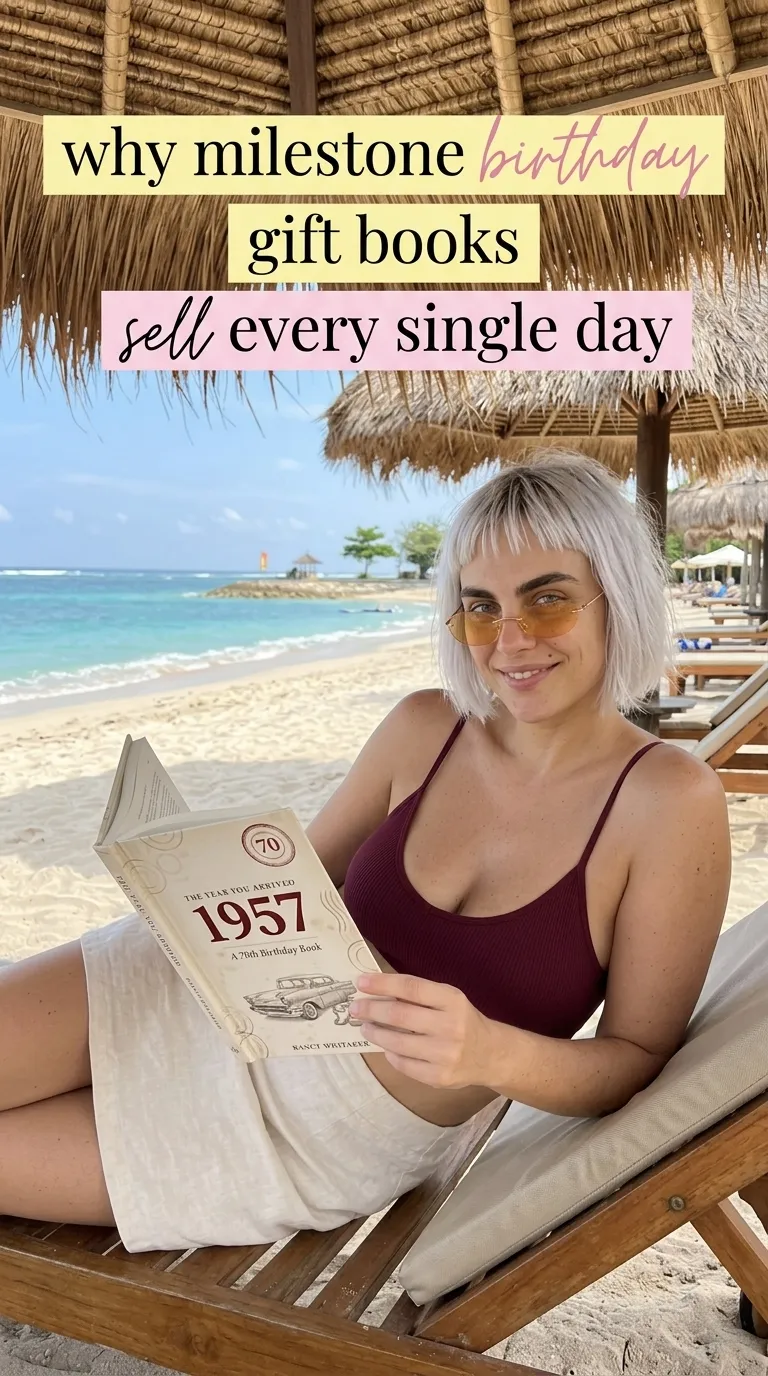 Kaia in a burgundy top on a beach lounger reading The Year You Arrived: 1957