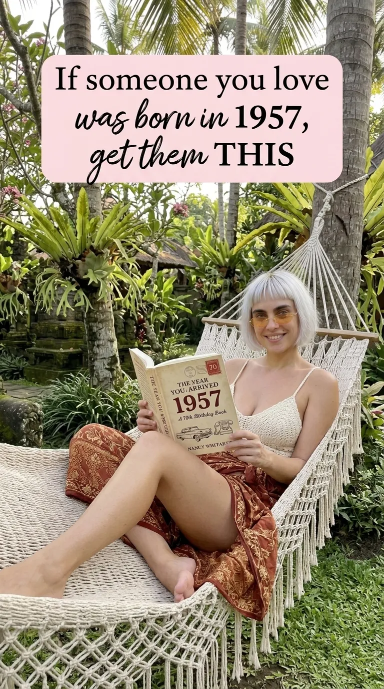 Kaia in a crochet top in a garden hammock reading The Year You Arrived: 1957