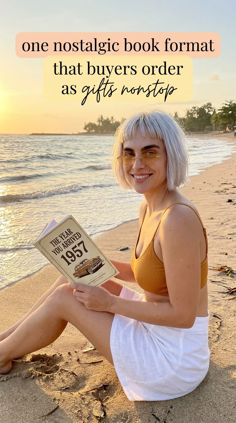 Kaia in an orange top sitting on the sand at sunset reading The Year You Arrived: 1957