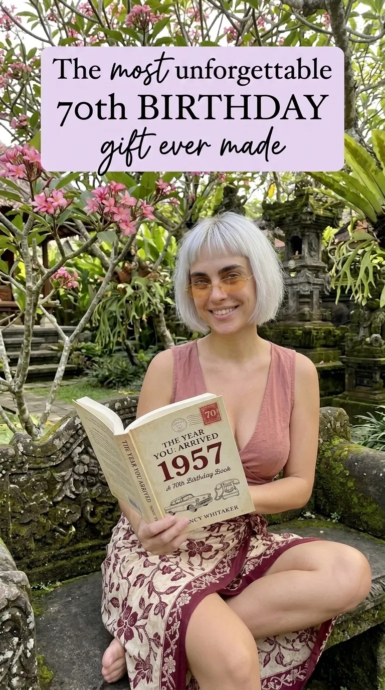 Kaia in a pink top and floral skirt in a temple garden reading The Year You Arrived: 1957