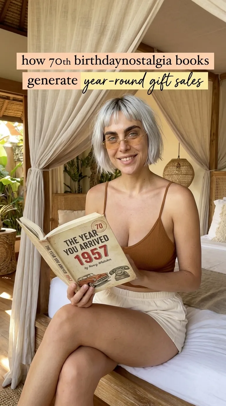 Kaia in a tan cami on a canopy bed holding open The Year You Arrived: 1957