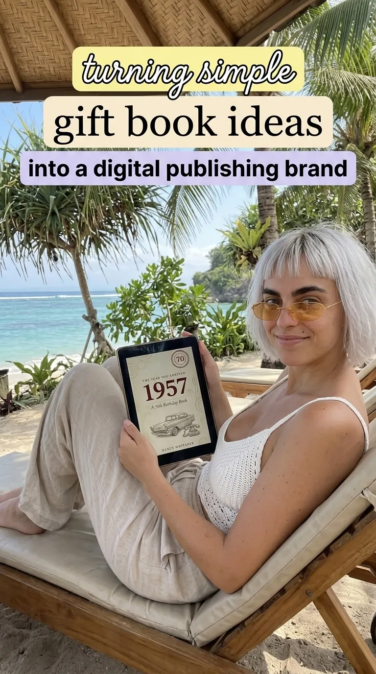 Kaia in a white top and linen pants on a beach lounger holding a tablet showing The Year You Arrived: 1957