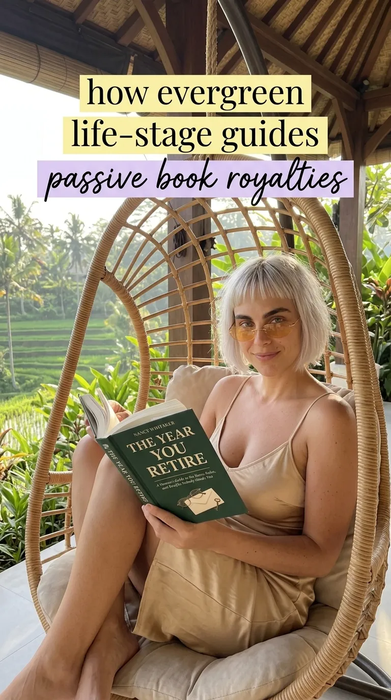Kaia in a beige slip in a hanging rattan chair reading The Year You Retire