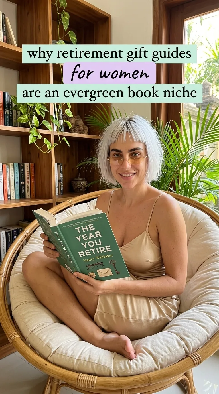 Kaia in a beige slip in a papasan chair by a bookshelf reading The Year You Retire