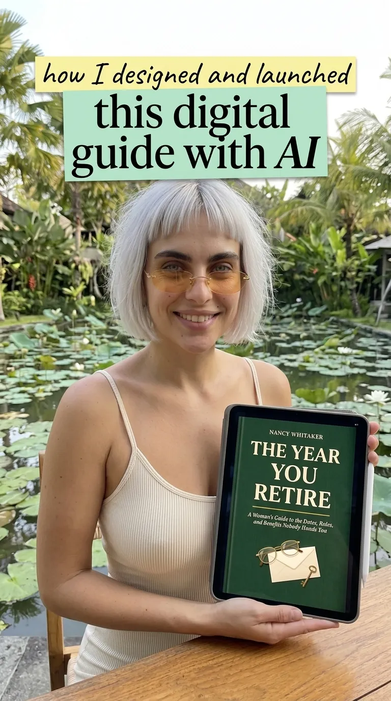 Kaia in a cream top by a lily pond holding a tablet showing The Year You Retire