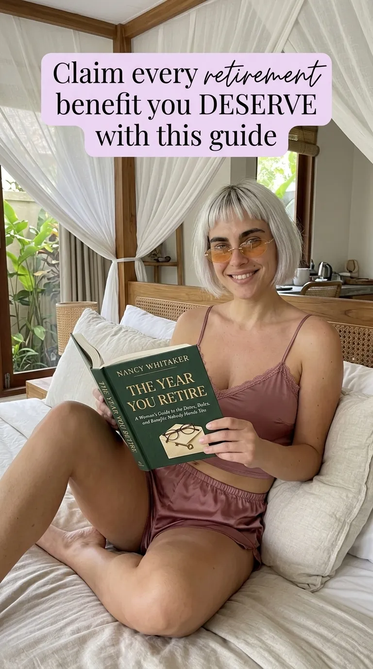 Kaia in rose loungewear on a canopy bed holding The Year You Retire