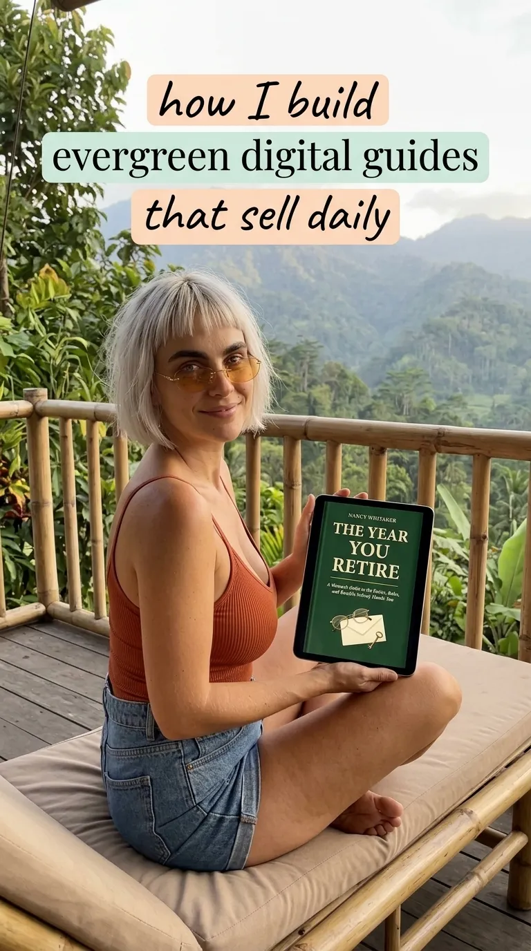 Kaia in a rust tank top on a mountain-view terrace holding a tablet showing The Year You Retire